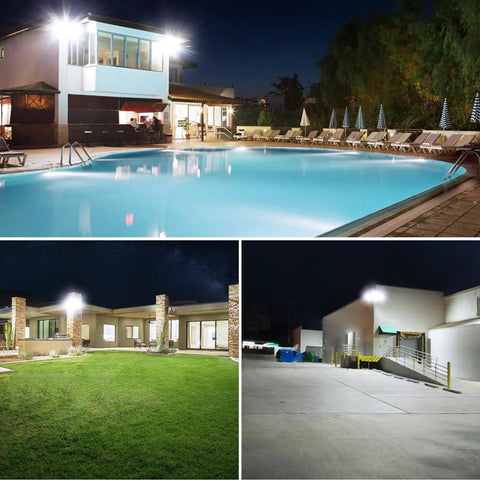 Rock Solid 130W LED Flood Lights Super Bright 13000 Lumens illuminate a night scene around a pool and yard.