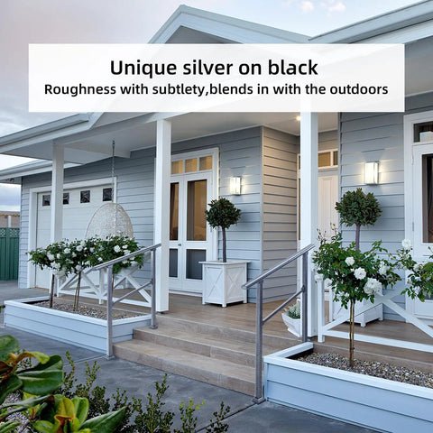 Rock Solid Two Step Handrails For Outdoor Stairs, Top Shelf Galvanized Steel Stair Guards with potted plants on a porch.