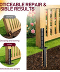 Before and after image of Heavy Duty Fence Post Repair Kit 6 Piece Set showing repaired fence post with black steel brace.