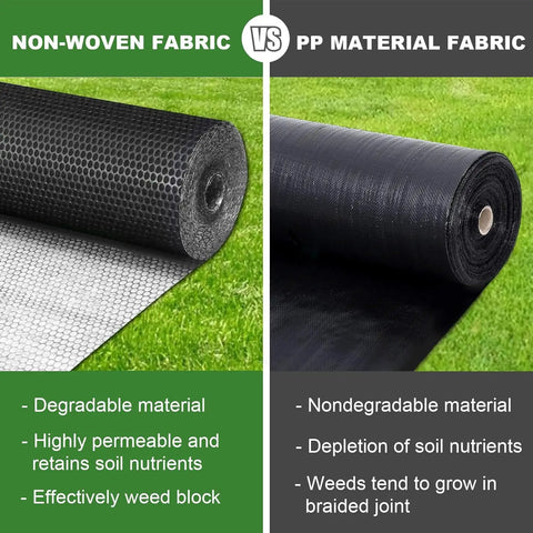 Comparison of non-woven fabric vs PP material fabric for Heavy Duty Weed Barrier Landscape Fabric For Gardens And Yards Nonwoven Polypropylene Ground Cover Eco Friendly And Durable Weed Control Mat Green Black Design Easy Install 3x30 Ft