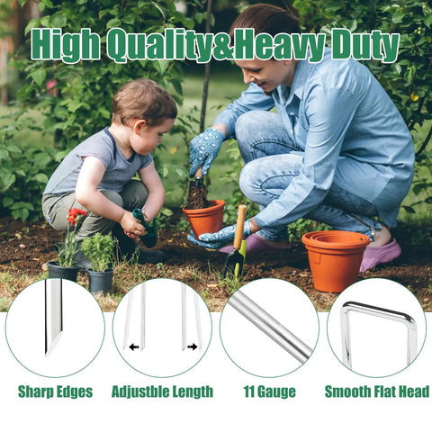 Six Inch Landscape Staples Set Of Fifty Durable 11 Gauge Garden Stakes For Plant Support And Weed Barrier Fabric Hot Dip Galvanized SOD Pins For Heavy Duty Outdoor DIY Yard Work And Decoration, with user installing in garden.