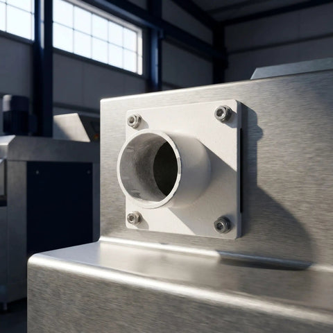 Diyeah Industrial Dryer Discharge Flange Adapter Steel Bottom Outlet Connector viewed from side, stainless steel finish, designed for easy cleaning.