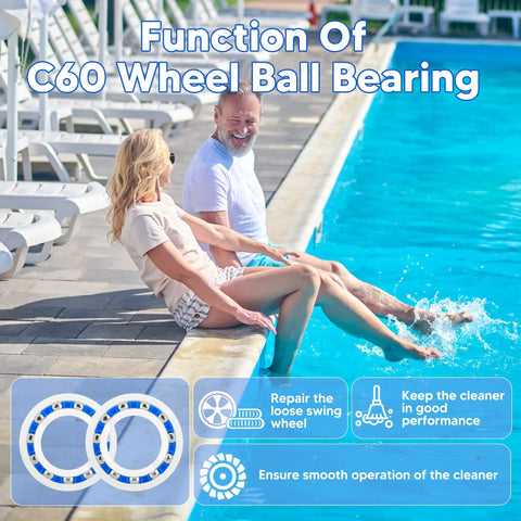 Function of Heavy Duty C60 Wheel Ball Bearings For Polaris Pool Cleaners with two bearings beside a couple by the pool.