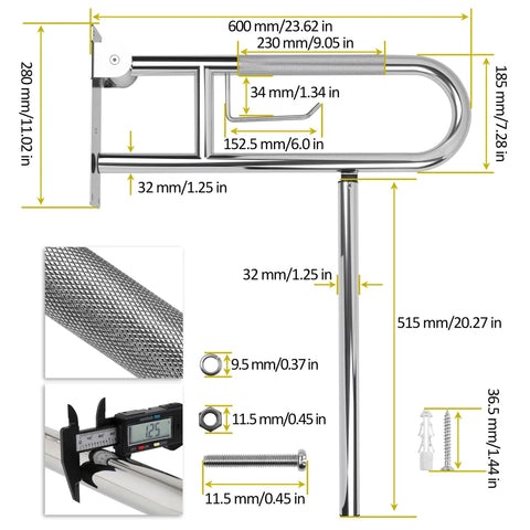 Top Tier Stainless Steel Toilet Grab Bar measuring 600 mm long with detailed dimensions for bathroom safety and support.