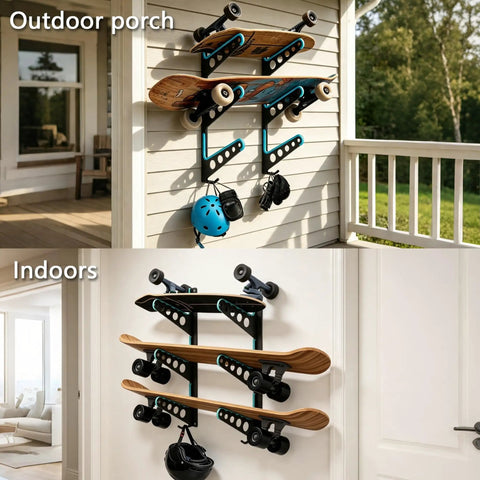 Heavy Duty Metal Skateboard Rack Wall Mount With Curved Hooks For Longboards Snowboards And Skis Dope Sports Gear Storage Holder outdoors and indoors.