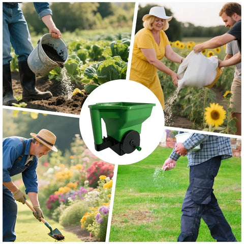 Precision Handheld Lawn And Yard Spreader With Crank Handle Anti Clog Hopper for even seed and fertilizer spread outdoors