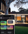 Smartphone app controlling Crazy Bright Supercolor BR30 Smart Flood Bulbs 2 Pack RGB Plus Tunable White in modern outdoor setting