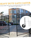 Tough As Nails Heavy Duty Gate Wheel Featuring Smooth Spring Loaded Caster on a gate with spring-loaded clamp for stable operation.