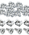 Top Shelf Rock Solid Heavy Duty M6 X 16mm Rack Mount Cage Nut Kit With Screws And Flat Washers For Server Racks And Cabinet Installation Nickel Plated Steel 50 Pack Set, featuring cage nuts and screws.