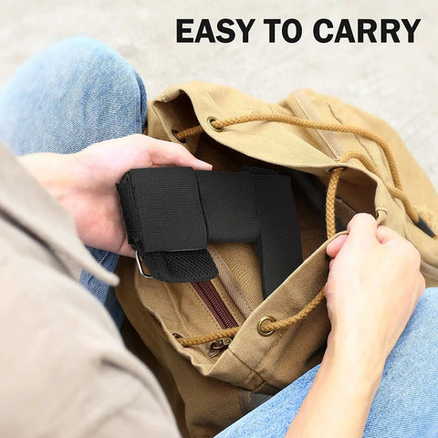 Person placing Adjustable Ankle Weights Foot Attachment For Leg Workouts Portable Home Gym Gear into a tan bag