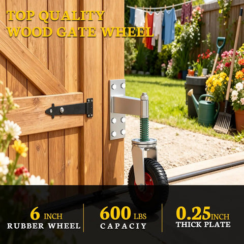 Heavy Duty 6 Inch Gate Wheels Built Tough And Glide Smooth Without A Hitch Double Ball Bearing Casters For Wooden Or Metal Backyard Gates Polymer Rollers 1 Pack mounted on wooden gate with rubber wheel