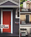 No Sweat Keyless Entry Touchpad Electronic Deadbolt Door Lock on a modern red entry door for home security.