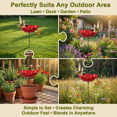 Metal Flower Garden Stake Bird Bath Waterer For Outdoor Yards Pollinator Station Hummingbird Fountain Butterfly Bee Water Feeder