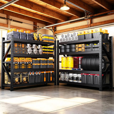 6000 Lbs Heavy Duty Metal Garage Shelving Unit 4 Tier Adjustable Storage Racks filled with tools and bins in a garage setting.
