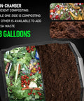 43 Gallon Dual Chamber Tumbling Compost Bin With Sliding Doors showing two chambers with kitchen scraps and composted soil