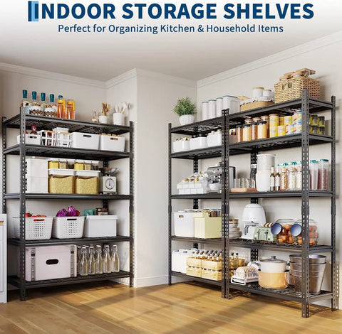 Tough As Nails Heavy Duty Metal Shelving Unit 5 Adjustable Tiers 36X16X72 Inch Garage Storage Rig displaying kitchen items.