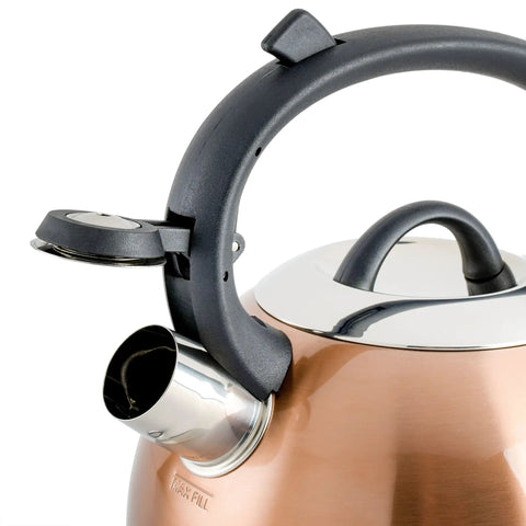 Close-up of Flintshire 1.75 Quart Stainless Steel Whistling Tea Kettle With Copper Finish Flip Up Spout Cover Stay Cool Nylon Handle