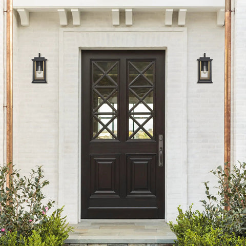 Front entryway with Hayward 1 Light Indoor Outdoor Wall Light With Clear Glass Dimmable Sleek Black And Gold Finish Weatherproof Steel