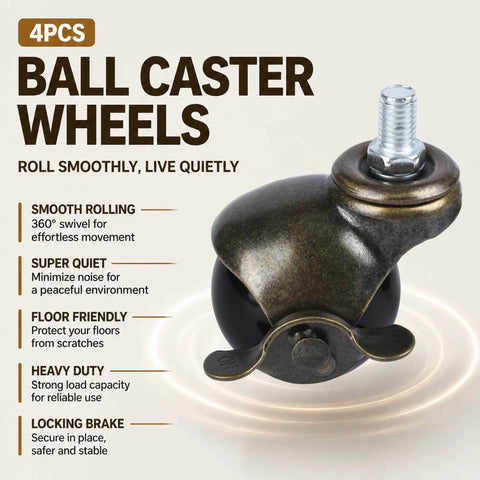 Close-up of 2 Inch Stem Ball Casters With Brake Set Of 4 Antique Brass Furniture Wheels Featuring M10 X 15mm Thread and locking brake.
