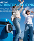 Portable Bluetooth Speaker Waterproof IP55 With Customizable RGB LED Lights 5W Sound Delivers 8 Plus Hours Playtime, attached to cooler, with dancing people in background
