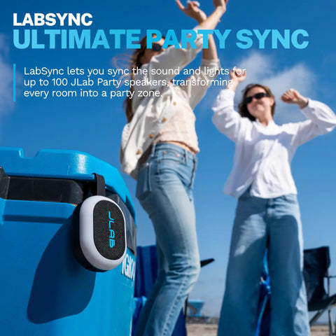 Portable Bluetooth Speaker Waterproof IP55 With Customizable RGB LED Lights 5W Sound Delivers 8 Plus Hours Playtime, attached to cooler, with dancing people in background