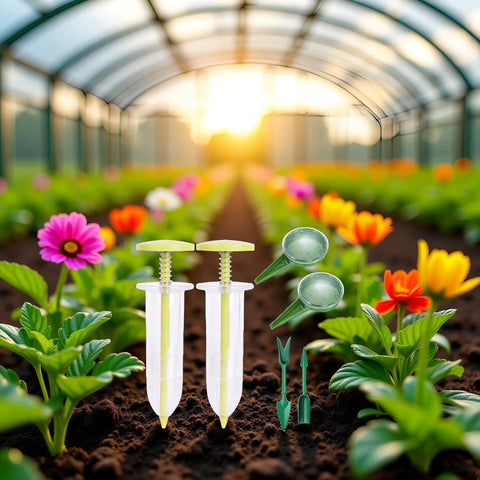 Green 6 Piece Seed Dispenser Set For Easy Garden Sowing A Handy Seed Spreader And Planting Tool Kit With Manual Operation Dibber And Widger For Flowers And Vegetables Lightweight And Compact on garden bed among flowers