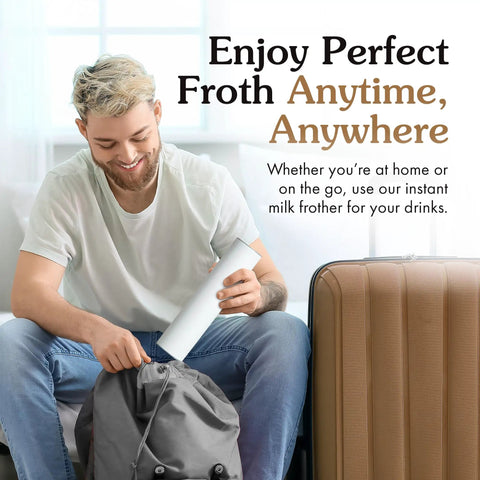 Man packing USB Rechargeable Electric Milk Frother Handheld Wand With Dual Speed Stainless Steel Whisk into backpack