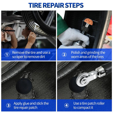 Tire repair steps showing scraper, polishing tool, repair patch application, and tire patch roller usage for Top Shelf 33 Piece Tire Patch Kit.