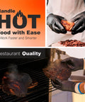 Collage showing Dual Layer Heat Defense BBQ Gloves for Grilling and Cooking non slip nitrile grip and handling hot food.