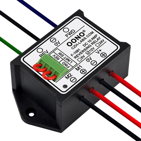 12V Reversing Relay Module for Motors and Linear Actuators, 10 Amp capacity, black casing with labeled connections for DIY projects