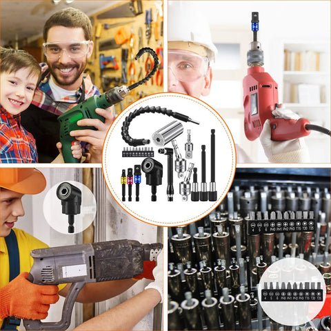Flexible Drill Bit Extension Set With Bendable Shaft 105 Degree Angle 23-Piece Handy Must-Have Kit Includes 1/4 3/8 1/2 Inch Hex Socket Adapters Rotatable Joint Sockets And Screwdriver Bits For Home DIY Projects with drill and kit in use