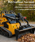 Mini Triangular Track Skid Steer Loader With 23HP Gas Engine And 46 Inch Bucket clearing autumn leaves on road