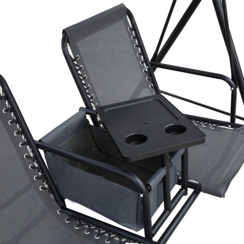 Two Seater Patio Swing Chair With Canopy And Storage Table For Backyard Hangouts showing cup holder and bungie seat suspension