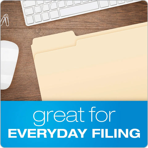 Bulk Manila File Folders 250 Pack With 3 Tabs For Easy Labeling Letter Size 8.5 By 11 on wooden desk with keyboard and mouse