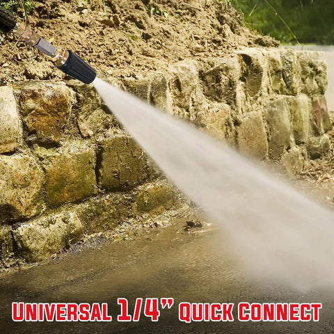 Rotating Turbo Nozzle For Pressure Washers 4000 PSI With Stainless Steel Filter And One Quarter Inch Quick Connect in use against stone wall