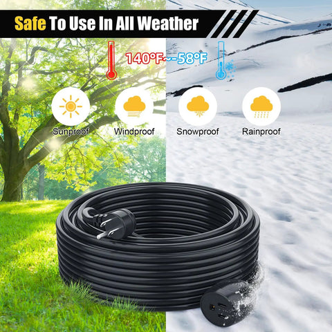 Badass Weather Protection On This Six Foot Waterproof Outdoor Extension Cord with sunlight and snow backdrop showcasing its features.