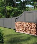 Heavy Duty Firewood Log Rack Kit With Adjustable Bracket For Indoor Or Outdoor Use, 42 inch tall, holding wood by a fence
