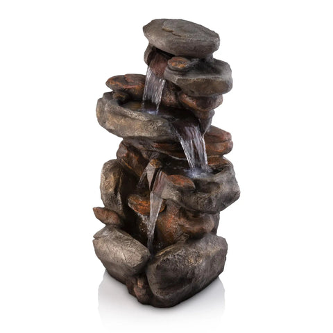 40-Inch Four Tier Rock Floor Fountain With Cascading Water And White LED Lights, a chill outdoor water feature for your garden.