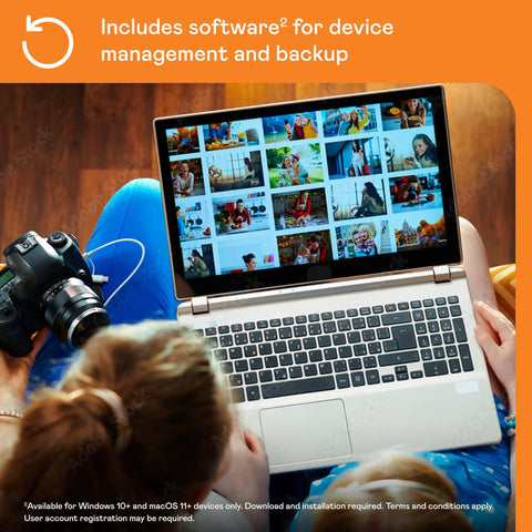People viewing photos on a laptop, illustrating 2TB Portable External Hard Drive With USB C And USB A For Windows Mac Chromebook Consoles.