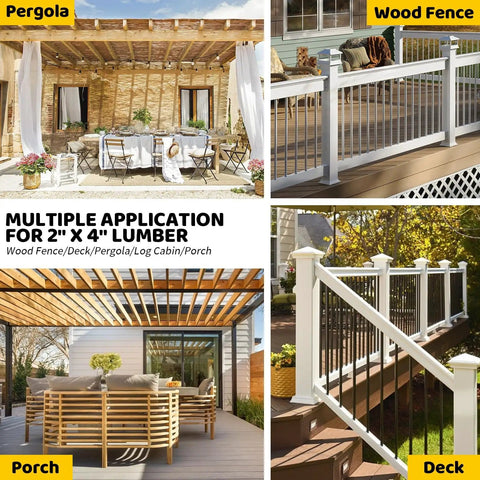 Outdoor spaces showcasing applications for 2x4 lumber including pergola, wood fence, porch, and deck.