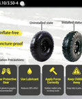 10 Inch Solid Tire And Wheel 4.10/3.50-4 Puncture Proof Cart Wheels 2 Pack displayed uninstalled and installed states.