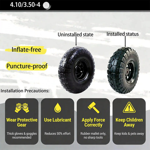 10 Inch Solid Tire And Wheel 4.10/3.50-4 Puncture Proof Cart Wheels 2 Pack displayed uninstalled and installed states.
