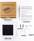 Solar Powered Gutter Lights Outdoor Waterproof Dusk To Dawn 25 LED Deck Fence Wall Stair Step Yard Pathway Lighting 2 Pack components with packaging, manual, and installation tools.