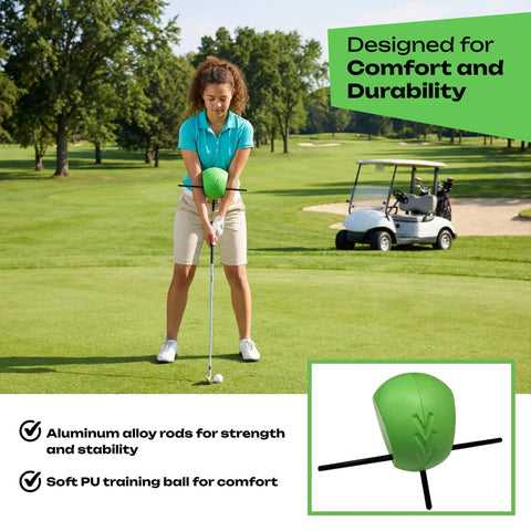 Golfer using Golf Training Aid Ball Between Arms For Posture Fix And Alignment, Swing Trainer To Improve Swing Mechanics, Arm Connection, And Consistent Setup During Practice Sessions, soft PU ball with aluminum rods on green.