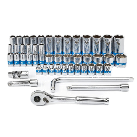 3/8 Inch Drive Socket Set With Quick Release Ratchet And 90 Tooth, 43 Piece Standard And Deep Metric Sockets, from 6mm to 24mm