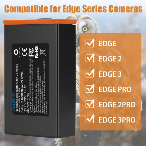 4 Pack 6700mAh Rechargeable Batteries Plus 4 Port Fast Charger For Edge Series Trail Cameras, showing battery compatibility.