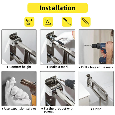 Installation steps for Top Tier Stainless Steel Toilet Grab Bar, Flip Up Bathroom Safety Rail with mounting and fix instructions.
