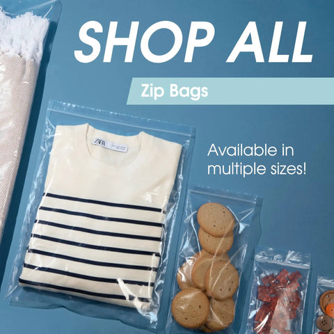 Heavy Duty Clear Sealable Zip Pouches 100 Pack 13 By 18 Inch Airtight Storage Bags for securely packing clothing and snacks.