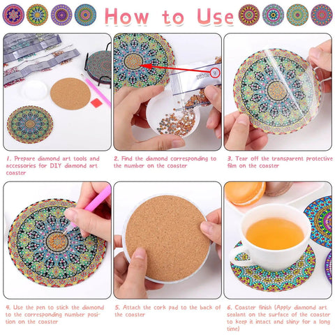 Steps for using Diamond Painting Coasters Kit With Holder And Accessories, 8 Mandala Coasters For Beginners And Kids kit