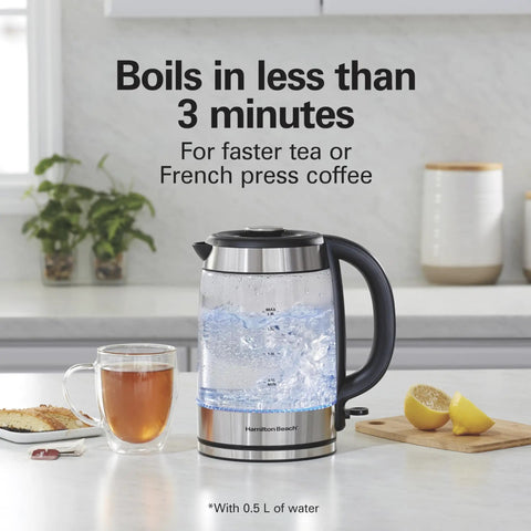Electric Tea Kettle With 1500 Watts For Fast Boil 1.8 Liter Water Boiler on kitchen counter with boiling water display